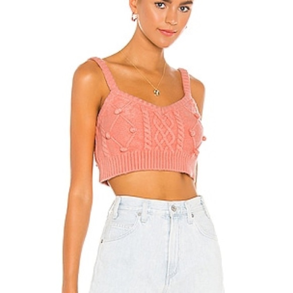 For Love & Lemons Pink Cable-Knit Pom Crop Tank Top
